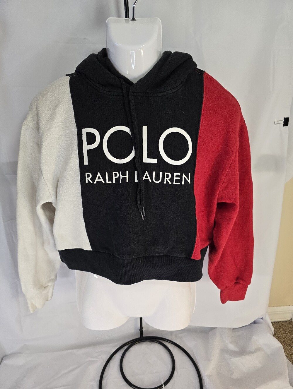 Polo Ralph Lauren Color Block Cropped Hoodie Black Red White Size Medium
